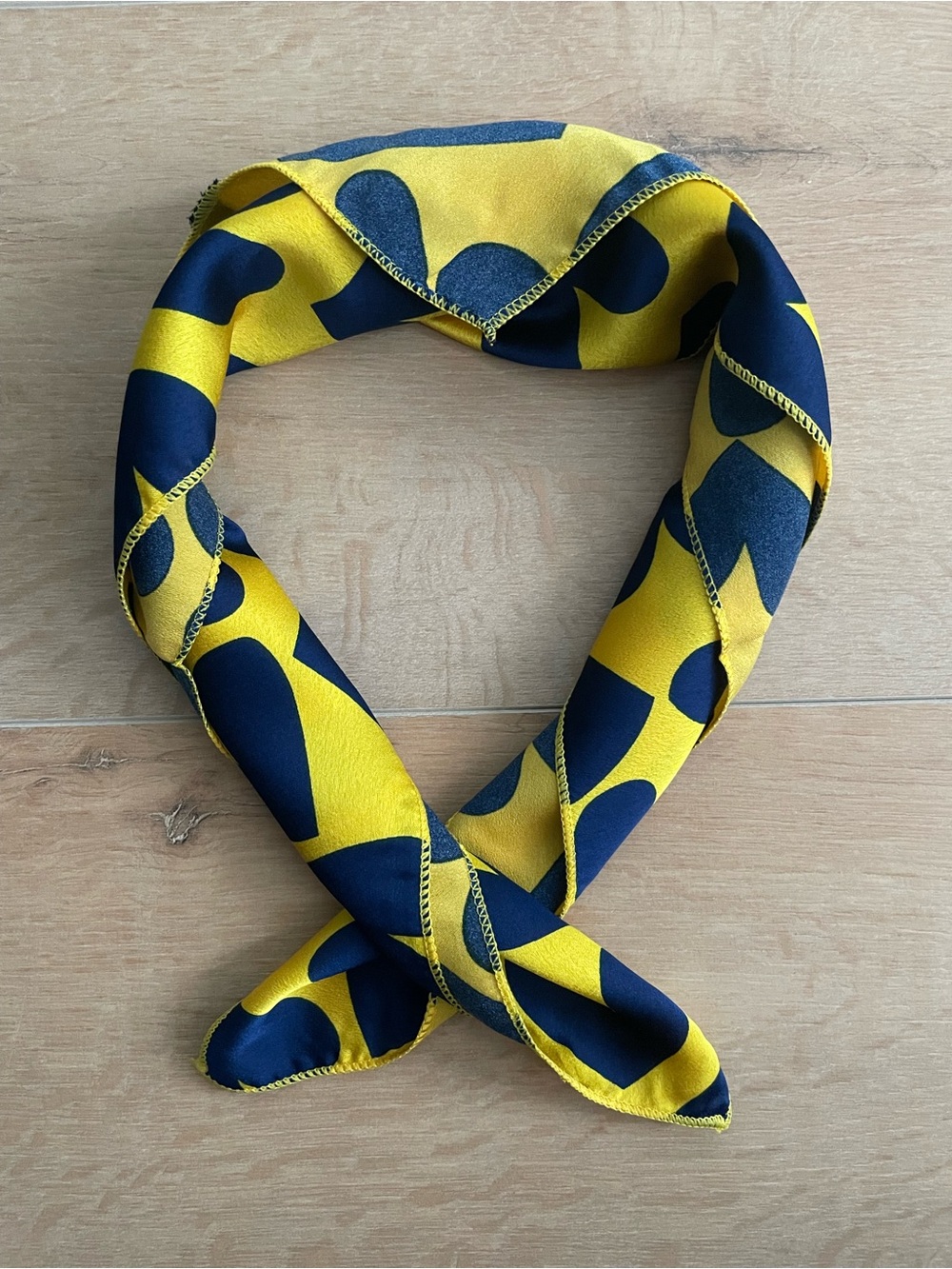 Yellow and Navy Heart Patterned Silk-Feel Neck Scarf/ Hair Acc/ Bag Accents